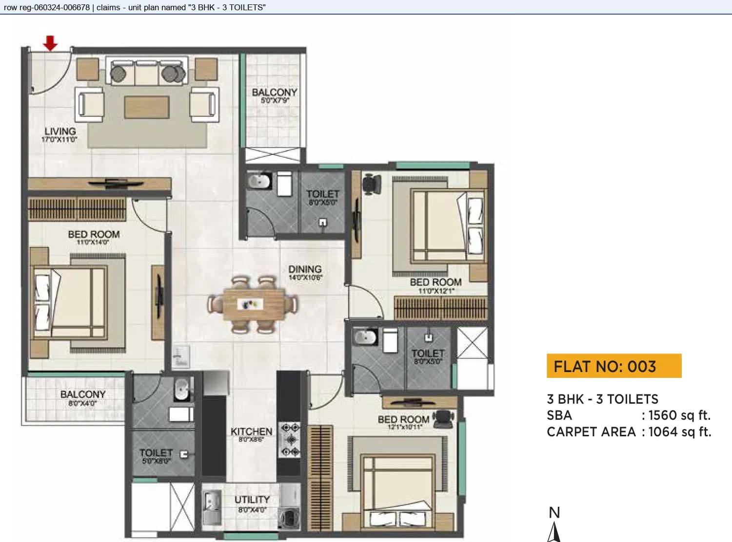 Floor plan, 3 BHK - 3 TOILETS