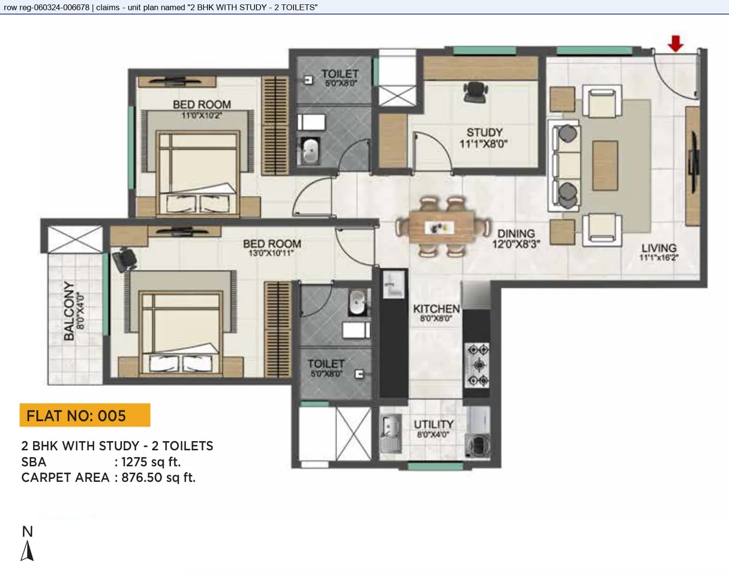 Floor plan, 2 BHK WITH STUDY - 2 TOILETS