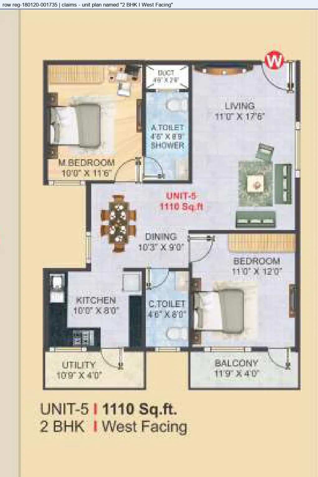 Floor plan, 2 BHK · West facing